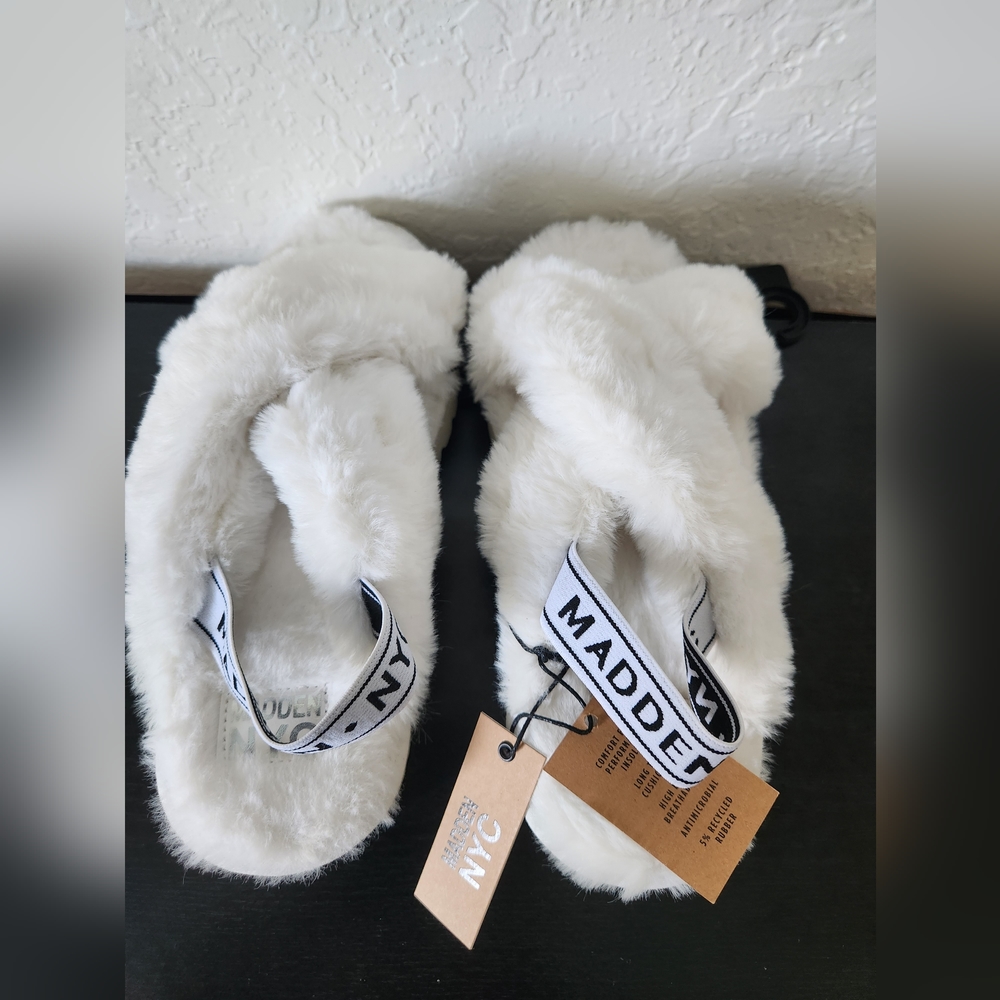 Madden NYC White Furry Sandals NWT
